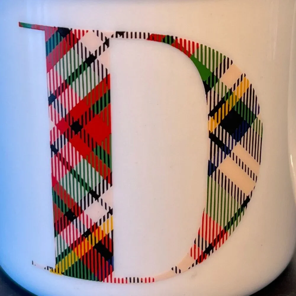 NWT POTTERY BARN Scottish Tartan Plaid Letter “D” Monogram Initial Ceramic Mug